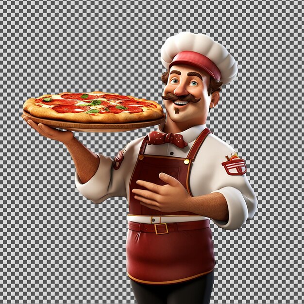 un chef con una pizza en el brazo y una pizza en la bandeja