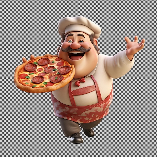 PSD un chef con una pizza en la cabeza y una pizza en el plato