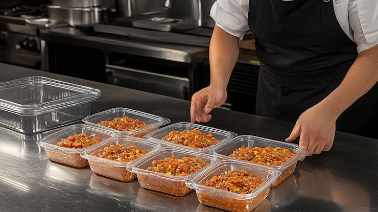PSD chef portioning stew into clear plastic containers in a commercial kitchen