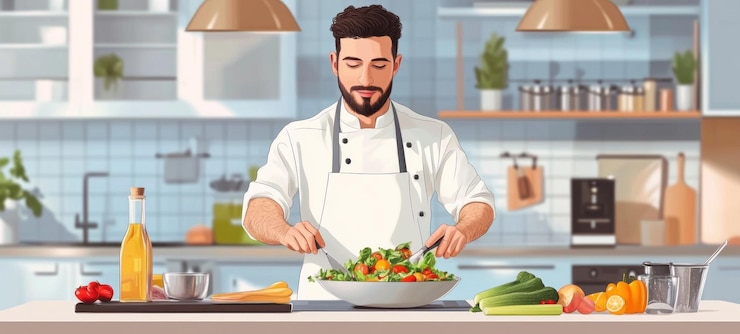 PSD chef preparando una ensalada fresca y saludable en una cocina brillante