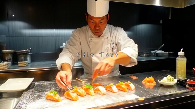 PSD chef preparando meticulosamente sushi de salmão