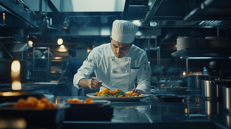 PSD chef preparando un plato de verduras gourmet en una cocina profesional