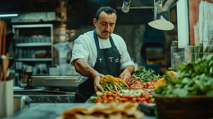 PSD chef preparando tacos en la cocina de un restaurante