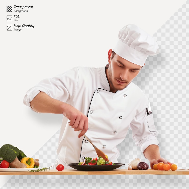 PSD chef profissional preparando uma salada em um fundo transparente