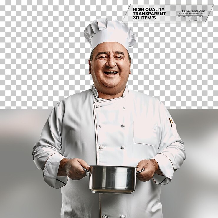 PSD chef realista un chef con una sonrisa feliz usando un sombrero sobre un fondo transparente