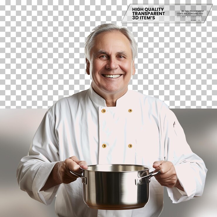 PSD chef realista un chef con una sonrisa feliz usando un sombrero sobre un fondo transparente