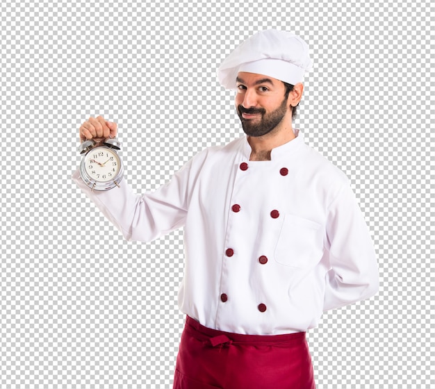 Chef segurando um relógio sobre fundo branco