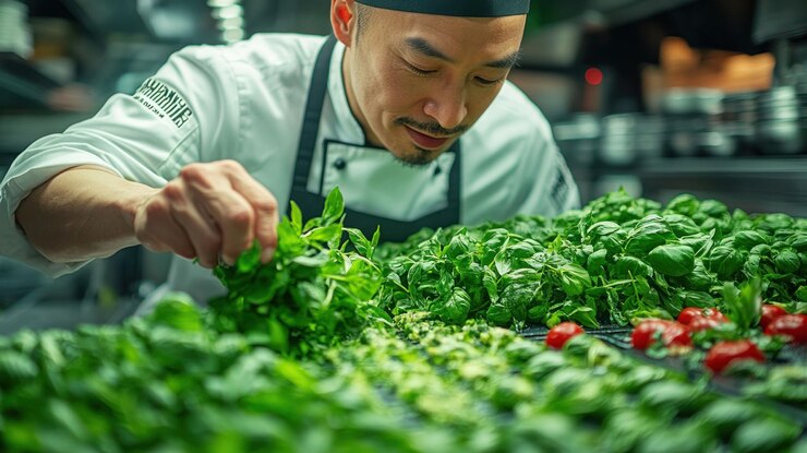 PSD un chef selecciona cuidadosamente hojas de albahaca frescas para un plato en una cocina profesional
