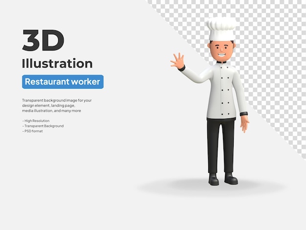 Chef con sombrero de cocinero agitando la mano ilustración de render 3d