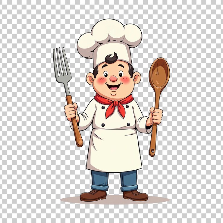 PSD chef sonriente con cuchara y tenedor en uniforme sobre un fondo transparente
