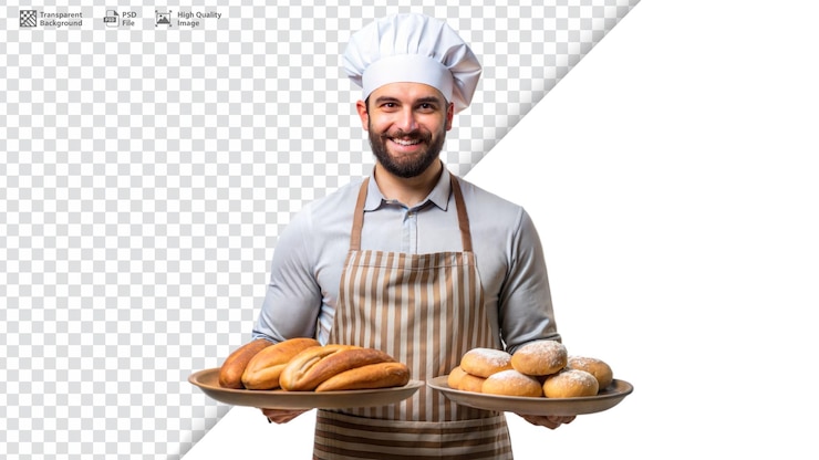 PSD chef sonriente presentando pan y pasteles recién horneados