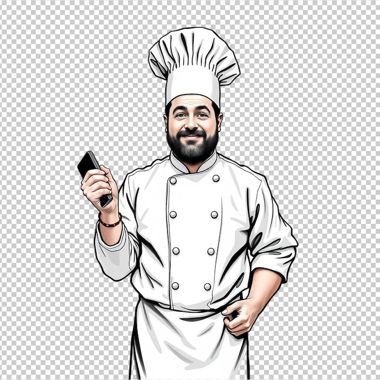 PSD chef sonriente en uniforme sosteniendo un teléfono inteligente concepto de aplicación de comida ilustración hombre cocinero menú blanco feliz