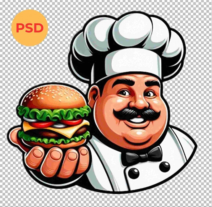 PSD un chef sosteniendo una hamburguesa con una imagen de un chef