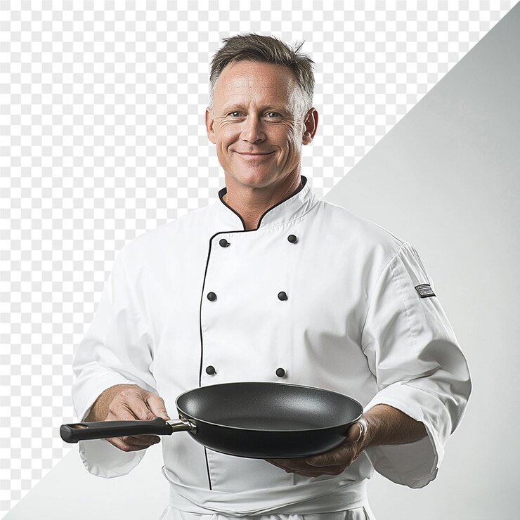 PSD un chef sosteniendo una sartén con las palabras "cook" en ella