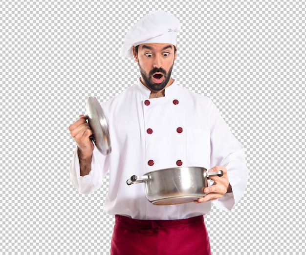 Chef surpreso segurando um pote