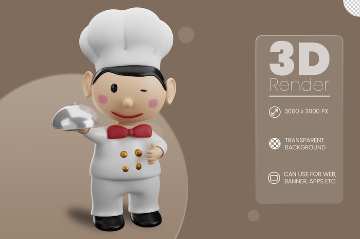 PSD chef, tenencia, bandeja, y, pulgares arriba, 3d, ilustración