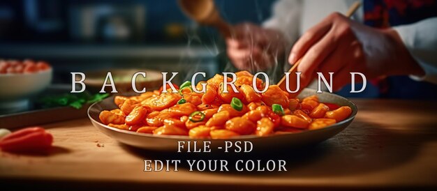 PSD le chef termine de décorer le tteokbokki à la table de la cuisine.