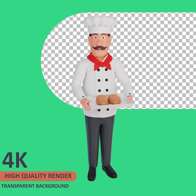 El chef trae dos pasteles recién horneados, representación 3d del modelado de personajes.