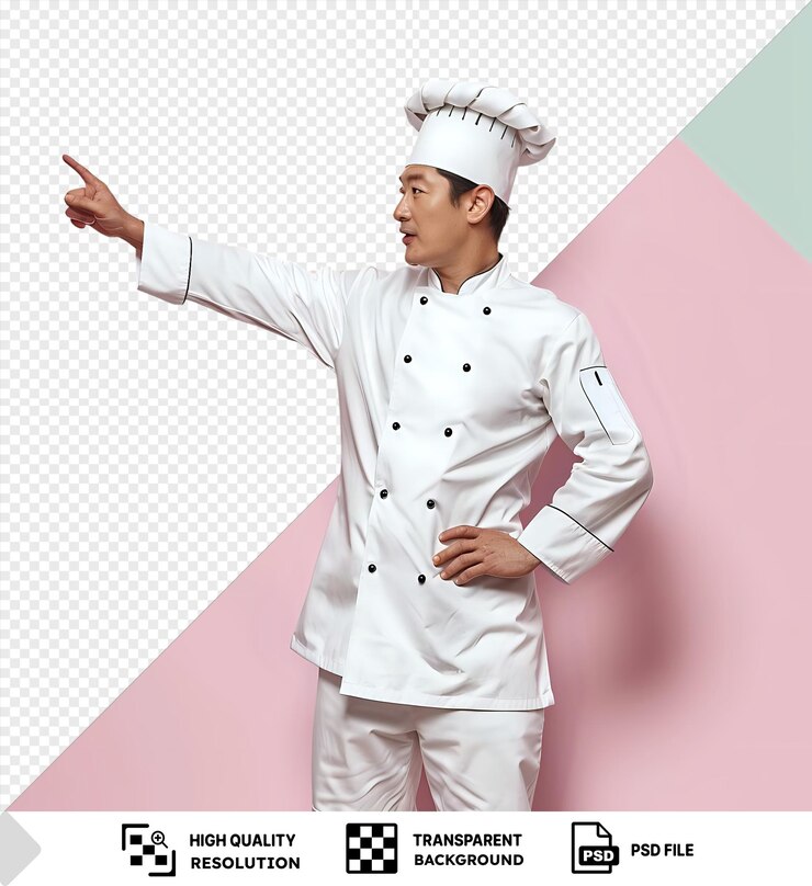 PSD chef con uniforme blanco apunta a copiar el espacio en un fondo rosa y verde con un fondo transparente