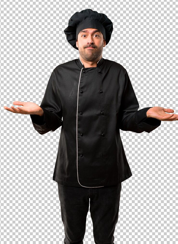 PSD chef uomo in uniforme nera infelice e frustrato con qualcosa
