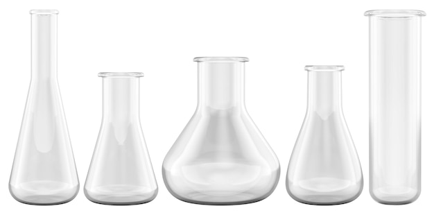 Chemie-Labor Glaswaren leere chemische Flaschen 3D-Rendering isoliert auf durchsichtigem Hintergrund