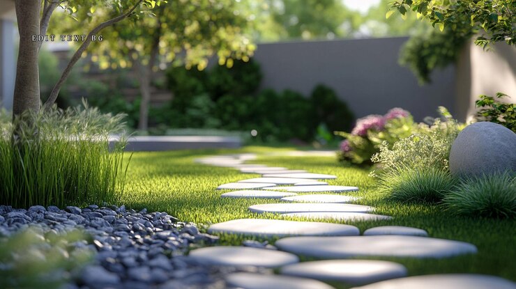 PSD un chemin de jardin éclairé par le soleil avec des marches, de l'herbe luxuriante et du gravier.