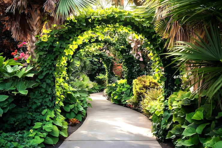 PSD chemin de jardin orné d'arches vertes luxuriantes couvertes de plantes grimpantes et de feuillage