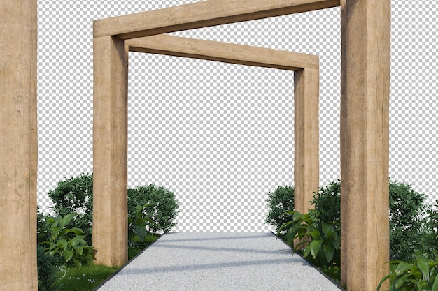 Chemin de randonnée en gravier et entrée en charpente en bois rendu 3D d'un jardin naturel avec un fond vide