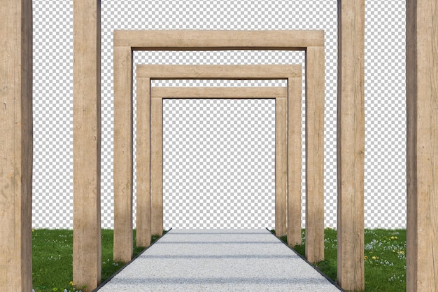 Chemin de randonnée en gravier et entrée en charpente en bois rendu 3D d'un jardin naturel avec un fond vide