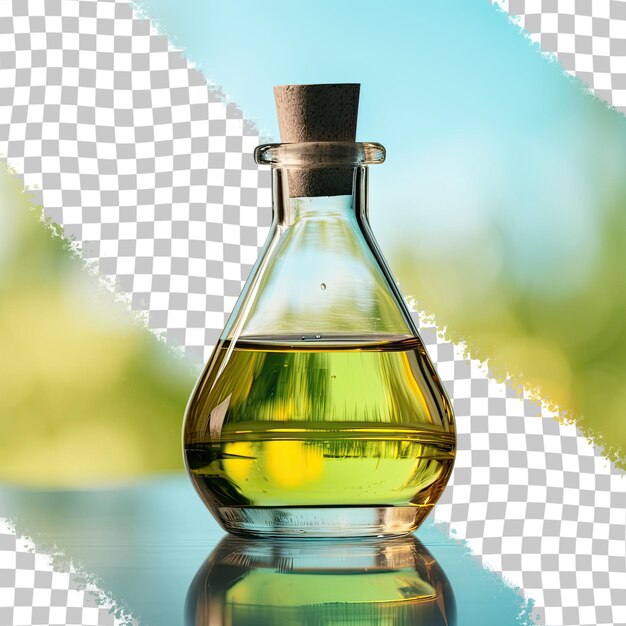 PSD chemische probenflasche auf dem tisch mit reflexion im studio durchsichtigen hintergrund