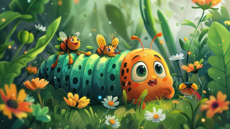 PSD une chenille de dessin animé heureuse avec deux abeilles sur le dos est assise dans un champ de fleurs.