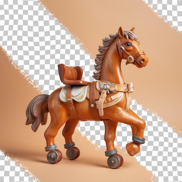 PSD cheval jouet pour enfants avec de petites roues de couleur marron sur de longues jambes et une selle pour s'asseoir attraction pour enfants sur fond transparent