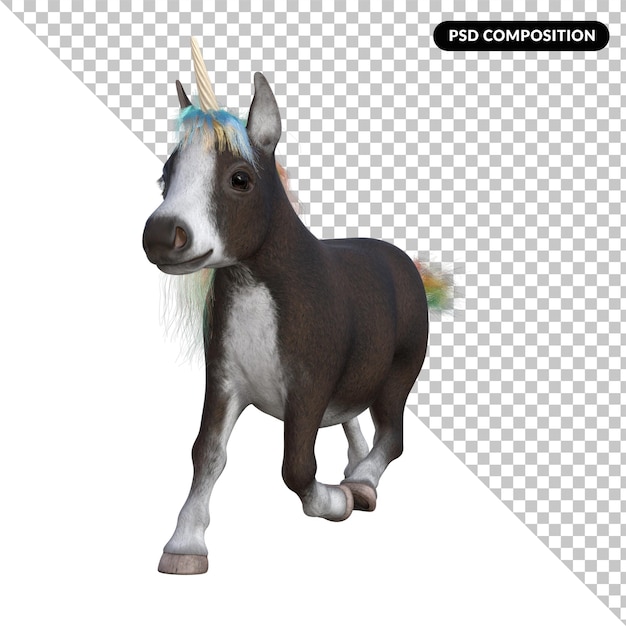 Un cheval noir et blanc avec une crinière blanche et une queue bleue et jaune