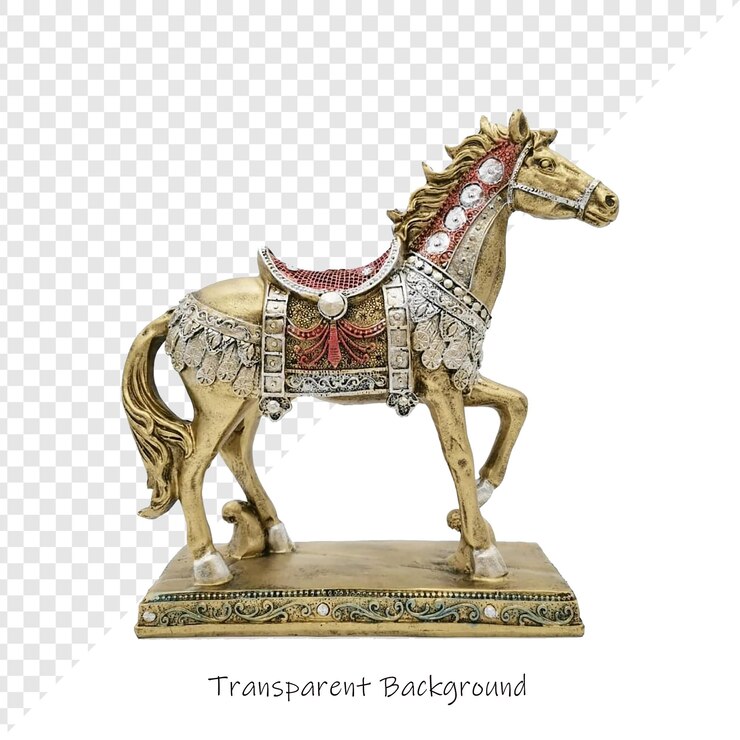 PSD un cheval d'or avec un ruban rouge sur le dos