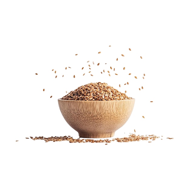 Chia-Samen in einer Holzschüssel und einem Löffel darin mit einem kleinen Haufen auf der Seite, schräg von oben gesehen