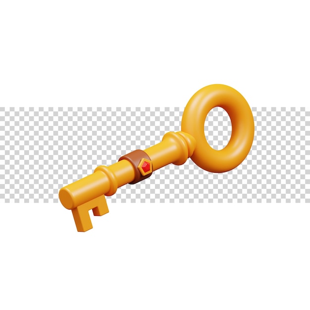Chiave dorata con icona di rendering 3d in cristallo rosso per sito Web o gioco. Icona chiave semplice classica