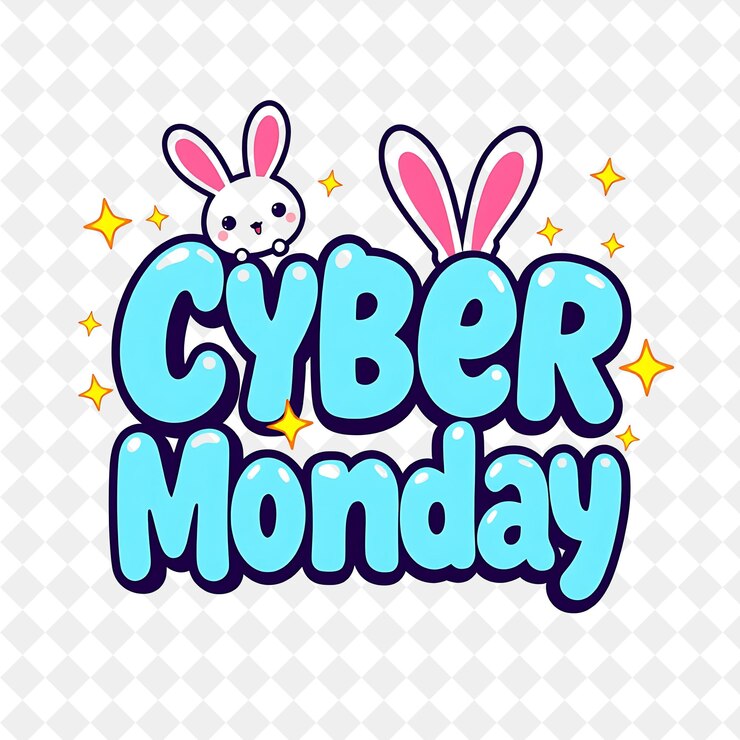 PSD chibi texto cyber lunes con estrellas brillantes y conejitos lindos texto es burbujeante y lúdico brillante