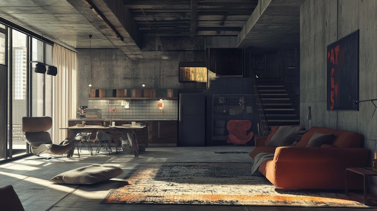 PSD chic industrial loft apartment sunlit open plan living space (spazio abitativo a pianta aperta)