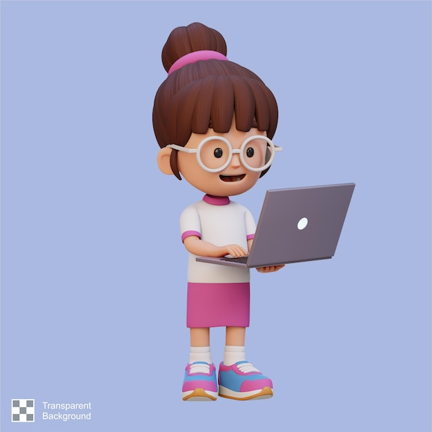 PSD chica 3d personaje trabajando en una computadora portátil