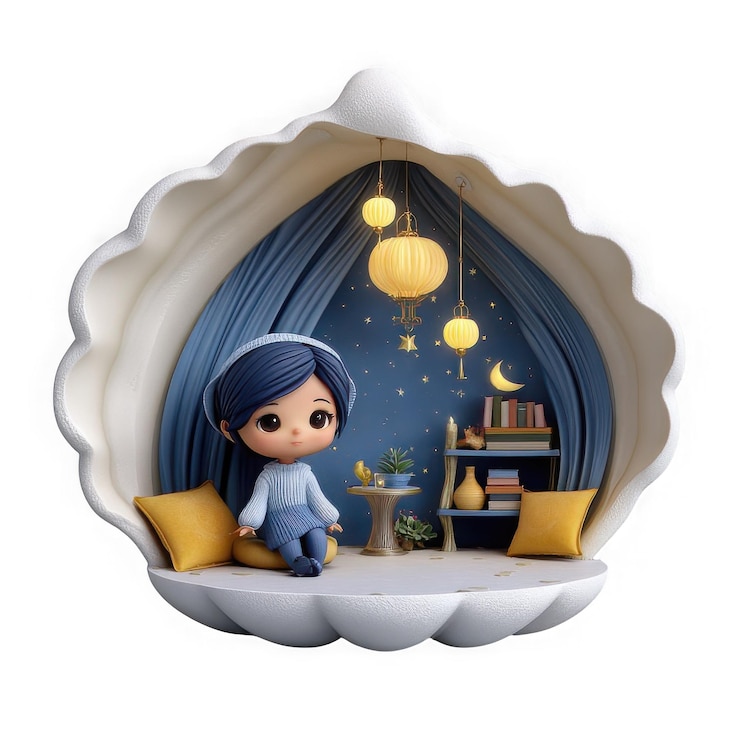 Una chica adorable en una acogedora habitación de concha 3D aislada sobre un fondo transparente