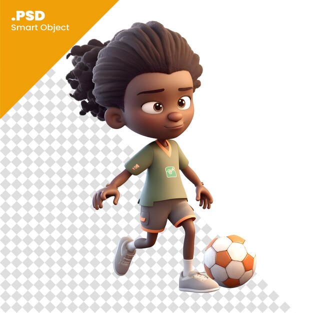 PSD chica afroamericana linda corriendo con una pelota de fútbol plantilla psd