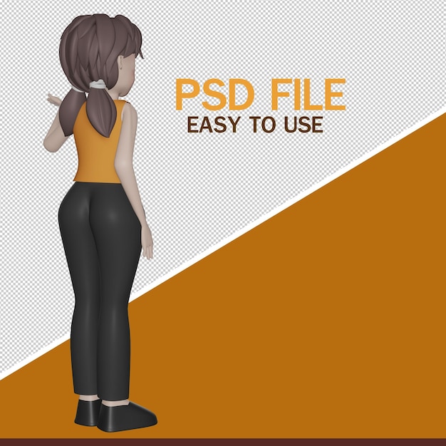 Chica aislada en la mano de fondo blanco apuntando al espacio vacío para la representación de publicidad 3D