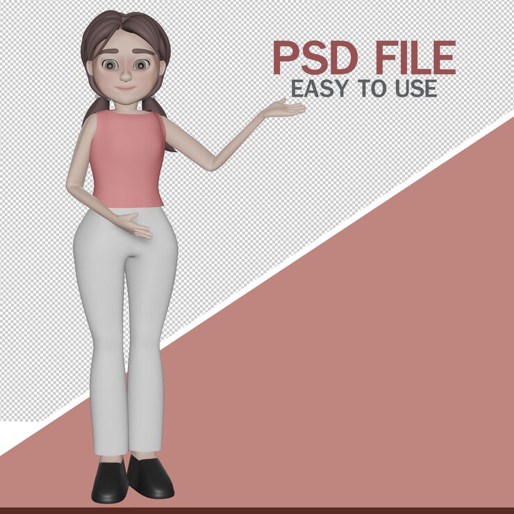 PSD chica aislada en la mano de fondo blanco apuntando al espacio vacío para la representación de publicidad 3d