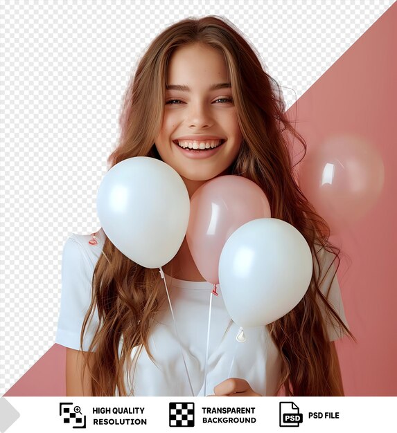 Chica alegre jugando con globos invisibles frente a una pared rosa con una camisa blanca y con el cabello largo mientras sostiene una cuerda blanca png