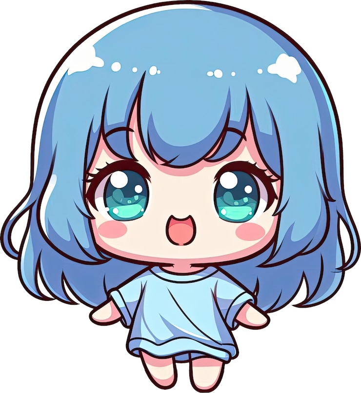 PSD chica de anime con cabello azul y ojos grandes
