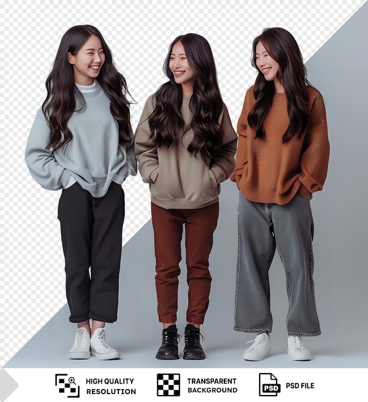 PSD chica asiática de cabello largo sintiéndose bien con amigos frente a una pared gris y blanca png psd