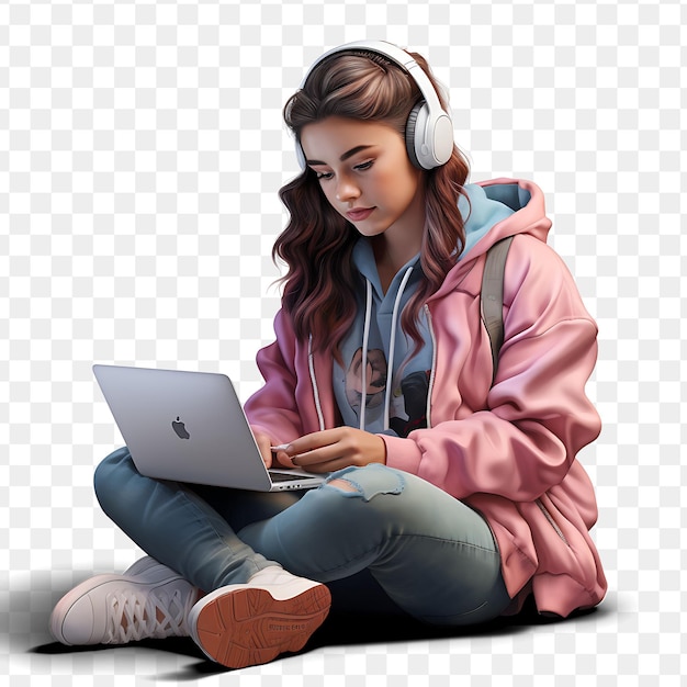 PSD una chica con auriculares y una computadora portátil con una pantalla que dice manzana