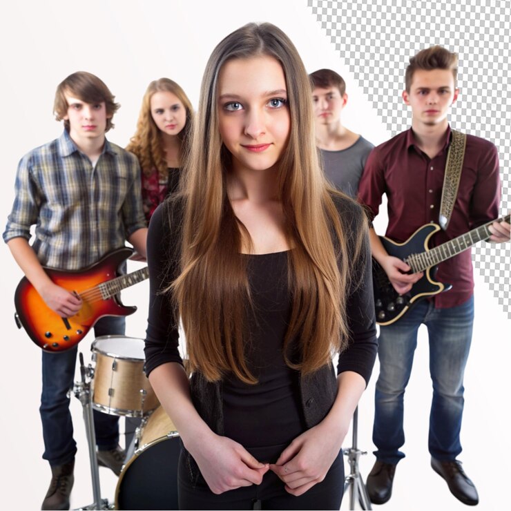 PSD chica con banda en fondo transparente
