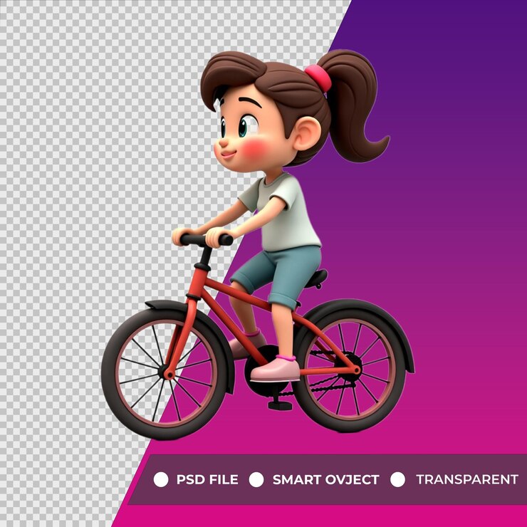 PSD una chica en una bicicleta con un fondo púrpura con un fondo violeta