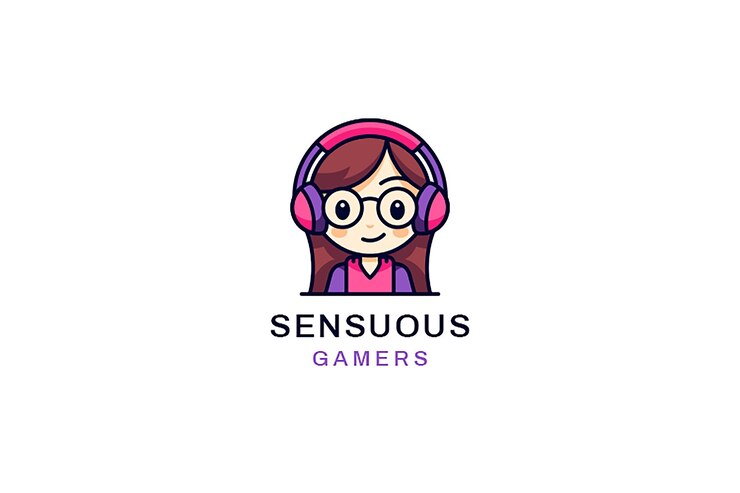 PSD chica bonita jugando a un videojuego con auriculares retrato contorno plantilla de diseño de logotipo plano